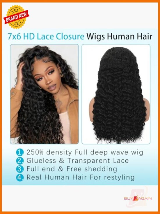 Deep Wave Glueless Lace Front Wig 7x6 HD Lace Pre Plucked 250 Density 32 Inch main image 6